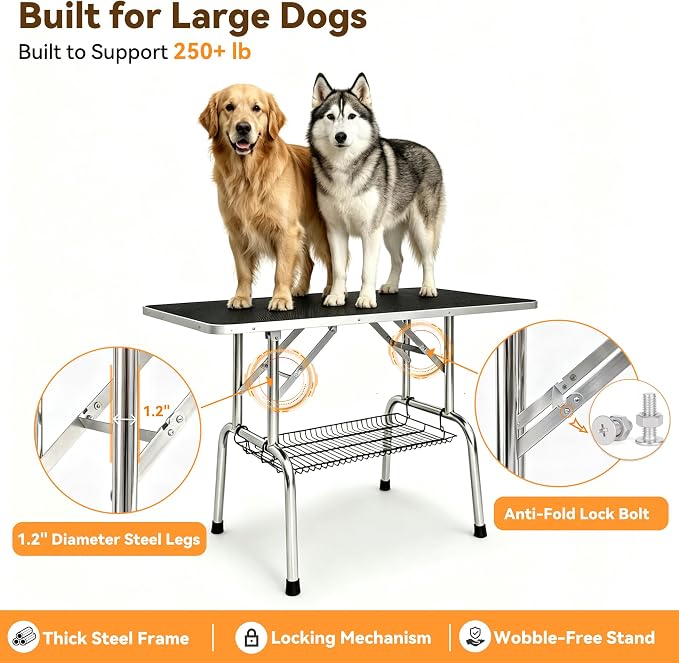 46" Foldable Dog Grooming Table with Adjustable H-Frame Arm & 2 Nooses, Heavy-Duty Stainless Steel Frame, Non-Slip Top, Tool Caddy and Mesh Tray, Black - Image 3