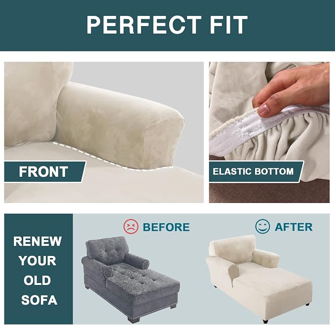 FantasDecor Velvet Chaise Lounge Cover Stretch Double Arm Chair Slipcover for Living Room Bedroom Soft Plush Fabric Machine Washable, Ivory - Image 6