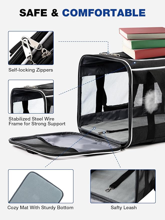 Dog Cat Carrier with Wheels, Rolling Pet Carrier for Cats Dogs 15lbs with Double-Sided Mat, Safety Leash and Shoulder Strap, Black