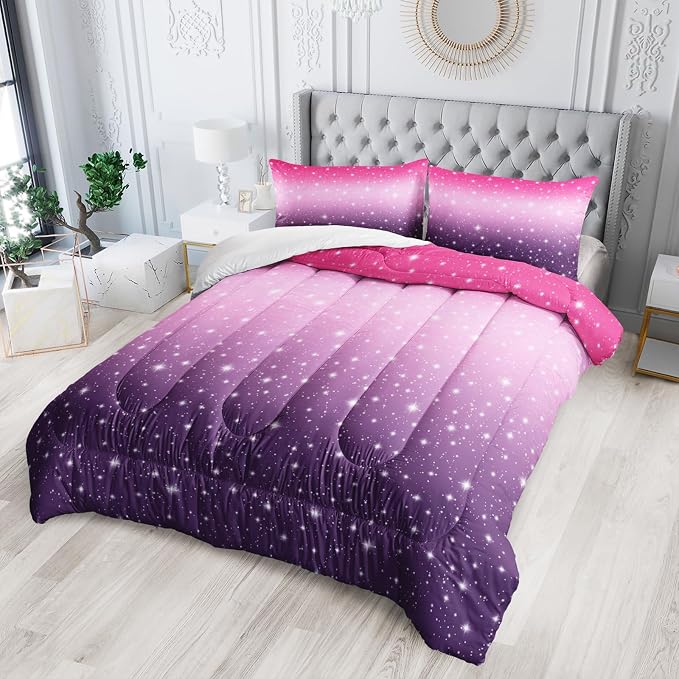 Nttopship Pink Purple Glitter Comforter Set Twin Size 3 Pieces Bed in A Bag for Teen Girls,Pink Violet Gradient Bedding Set,Rainbow Colorful Tie Dye Bedroom with 1 Comforter and 2 Pillowcases - Image 8