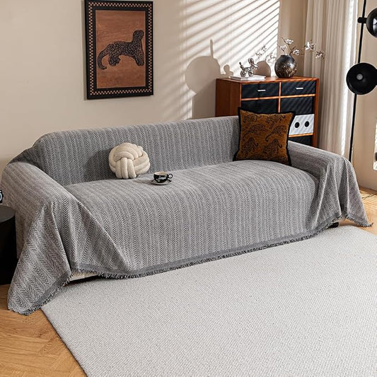 Dark Grey Sofa Covers Sectional Couch Cover Slipcovers Furniture Protector for Pets Kids, Chenille Strip Couch Throw Blankets Tassels Edge for 3 Cushion Couch, 71"x134" by BEDDING