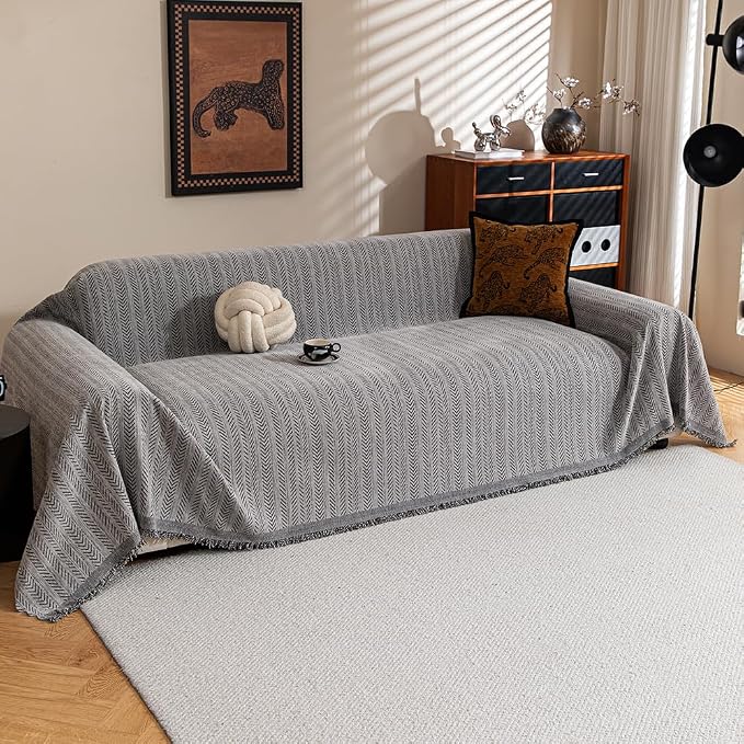 Dark Grey Sofa Covers Sectional Couch Cover Slipcovers Furniture Protector for Pets Kids, Chenille Strip Couch Throw Blankets Tassels Edge for 3 Cushion Couch, 71"x134" by BEDDING