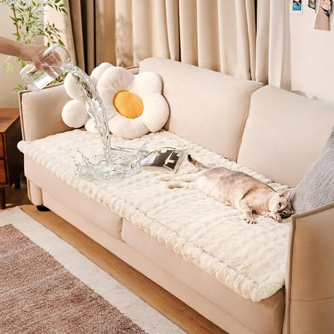 Couch Covers for Dog, Non-Slip Pet Sofa Cover 27.6"×59" White | 300gsm Thick Quilted Padding, Faux Rabbit Fur, Machine Washable, for Standard Loveseat/2-Seater Couch by FUNNYFUZZY