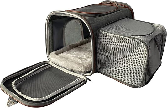 Mr. Peanut's Expandable Airline Approved Soft Sided Pet Carrier, Luxury Travel Tote with Premium Auto Self Locking Zippers, Plush Faux Fleece Bedding with Sturdy Plywood Base, 18LX10.5 (Twilight Gray)