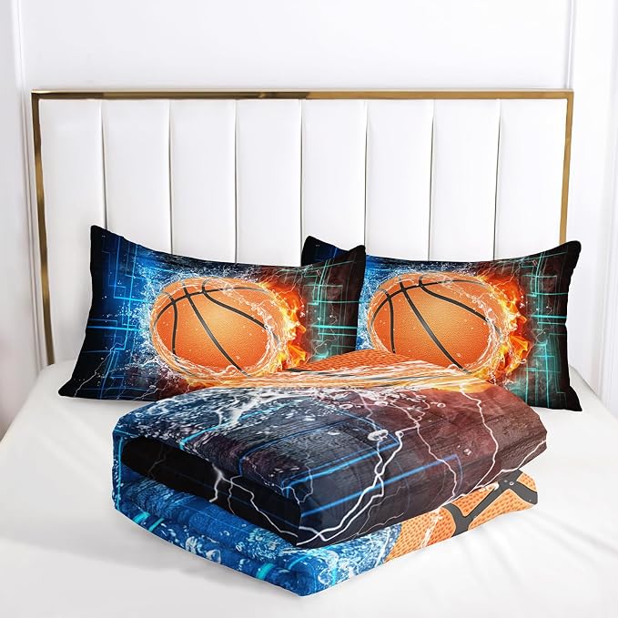 Nttopship Basketball Comforter Set - Full Size, 3 Piece Sport Themed Bedding - 3D Sport Basketball Microfiber Bedding Set for Boys Kids (1 Comforter and 2 Pillowcases) - Image 4