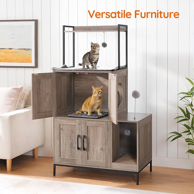 HOOBRO Cat Litter Box Enclosure Furniture, 2 in 1 Hidden Litter Box Furniture with Shelf, Double Litter Box Cabinet with 2 Dangling Plush Balls and 1 Toy Ball, Greige and Black BG78MW01 - Image 5