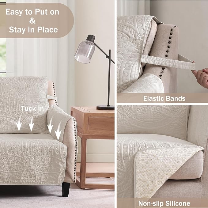 Beige Quilted Recliner Chair Covers, Water-Repellent Recliner Slipcovers, Lazy Boy Chair Covers, Pet Friendly Recliner Covers for Dog, Washable Armchair Protector (Recliner 22", Beige Cream) - Image 3