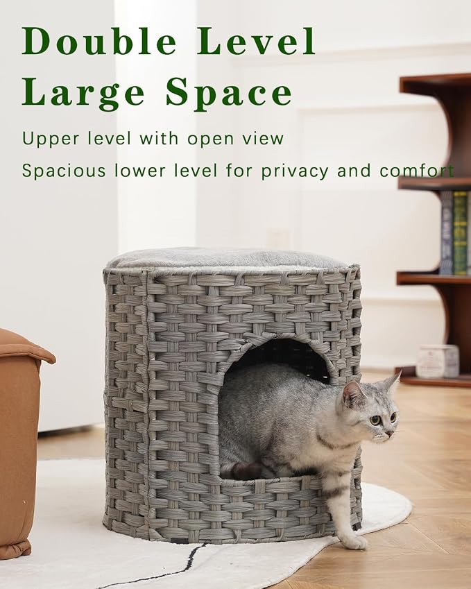 SETVSON Cat House for Indoor Cat, Large Double Cat Houses Cat Bed, Gray | Handwoven PE Rattan Bed Cave with One Soft Pad, Spacious 17 x 17 x 17 In Foldable Kitten Hideaway, Easy to Clean - Image 2
