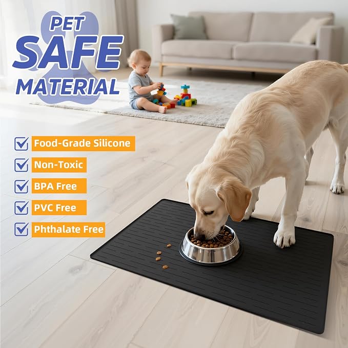 Large Dog Mats for Food and Water, 32"x24" Waterproof Pet Food Mats for Floor Nonslip Silicone Bowl Mats with Raised Edges - Image 4