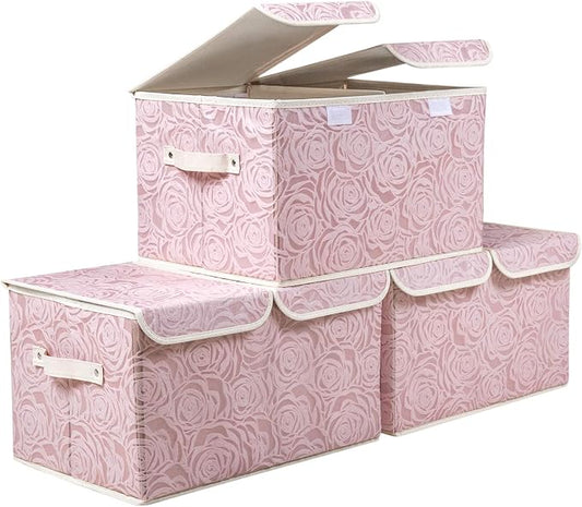 PRANDOM Large Stackable Storage Bins with Lids Fabric Decorative Storage Box Cubes Organizer Containers Baskets with Cover Handles Divider for Bedroom Closet Living Room 17.3x11.8x9.8 Inch 3 Pack by Prandom