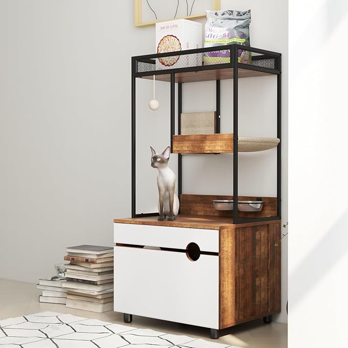 Cat Litter Box Furniture Enclosure with Shelve and Scratching Pad, Hidden Litter Box Furniture Pet Cabinet with Cat Feeding Station, 48.4 Inch Wooden Kitty Washroom Furniture, Cat Tree House,Cat Tower - Image 14