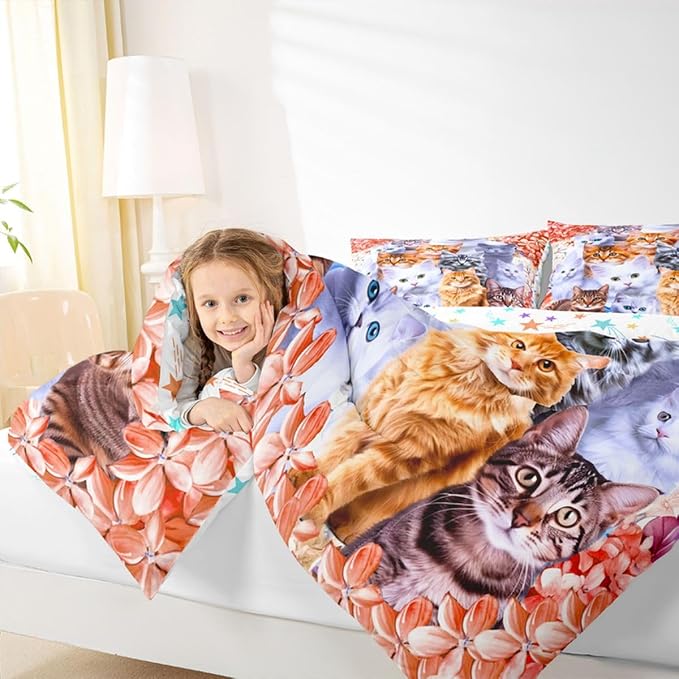Feelyou Kids Cute Pet Cats Toddler Bedding Set for Boys Girls 3D Cartoon Animal Comforter Red Floral Cat Lover's Decor Quilt Set with 2 Pillowcases 3Pcs Full - Image 6