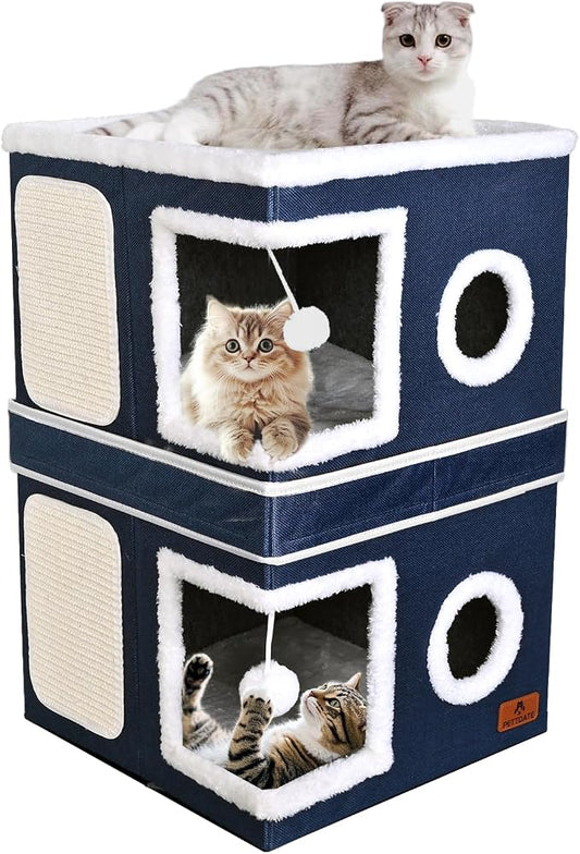 2-Story Cat House for Indoor Cats, Dual-Purpose Cat Cave Bed with Scratch Pad and Fluffy Ball, Foldable Cat Hideaway, Cute Cat Condo Furniture for Multi Small Pet Kitten, Blue by Unknown