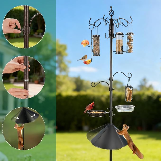Bird Feeding Station Kit with Squirrel Baffle Bird Feeder Pole with Suet Cage Mesh Tray Fruit Hook Double W Hook for Attracting Wild Birds and Hanging Planter Hanger Lights - Image 2