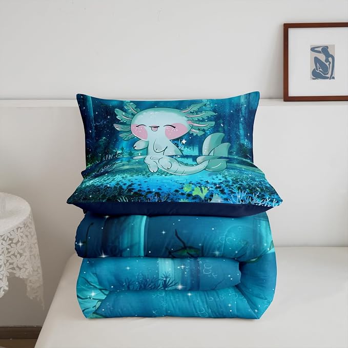 Manfei Cartoon 3D Print Axolotl Bedding Set for Boys Girls,Cute Ocean Animal All Season Cozy Comforter Set Full Size,Undersea World Plant Duvet Set Bedroom Decor,Personalized Birthday Gifts - Image 5