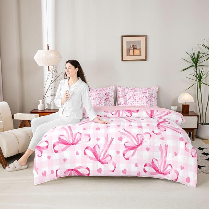 Erosebridal Pink Bow 7 Piece Comforter Set King Bowknot Ribbon Bedding Set for Girls Coquette Room Decor Plaid Grid Heart Pattern Bed in A Bag Bowtie Princess Soft Cozy Sheet Set with Comforter - Image 4