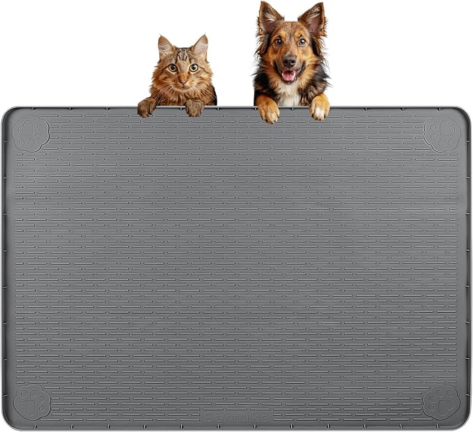 Dog Food Mat 34''x22'' Extra Large Dog Mat for Food and Water, Dark Grey | Silicone Dog Bowl Mat with Raised Edge, Waterproof Non-Slip Pet Feeding Mat for Floors, fit for Dog Cat Bowls by Bartuke