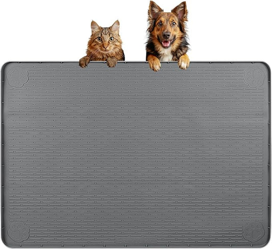 Dog Food Mat 34''x22'' Extra Large Dog Mat for Food and Water, Dark Grey | Silicone Dog Bowl Mat with Raised Edge, Waterproof Non-Slip Pet Feeding Mat for Floors, fit for Dog Cat Bowls by Bartuke