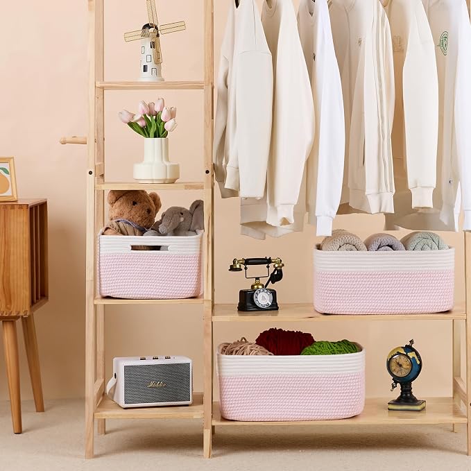 MiniArk Large Storage Baskets for Shelves, 17 x 13 x 7.5” Closet Organizers Bins for Clothes Blanket Towels, Baby Nursery, Toy Baskets Box, Woven Rope Baskets, 3 Packs Woven Pink - Image 3