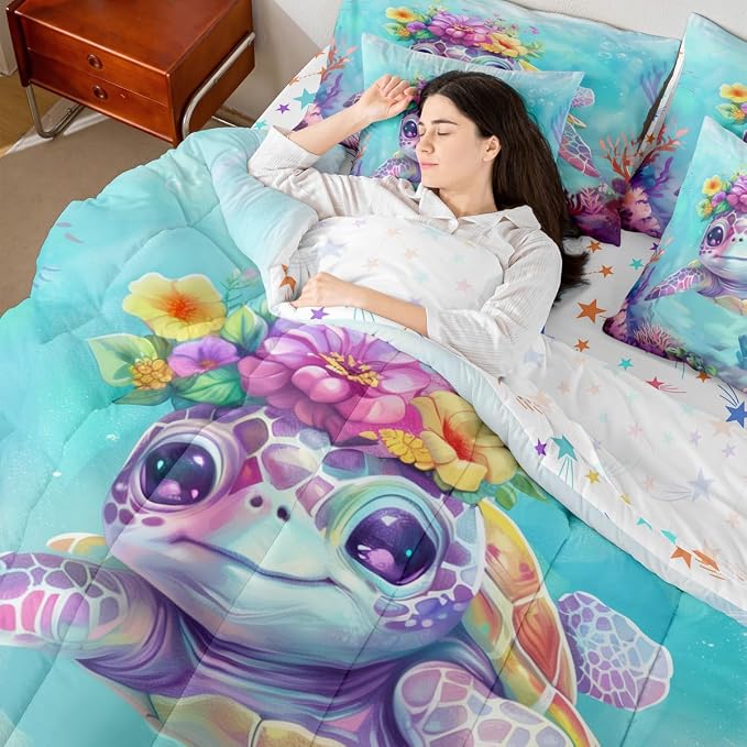 Erosebridal Turtle King Size Comforter Set with Sheets, Reptile Bed in A Bag for Kids Teens Youth Adults Bedroom, Underwater World Sea Animal 7 Pcs Bedding Set, Watercolour Coral Bed Sets - Image 7