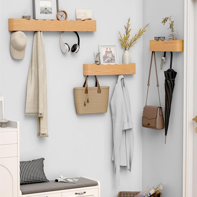 Coat Rack Wall Mount with Hidden Hooks, Wall Hooks with Shelf, Wall Key Holder Mount Wooden Shelf Entryway Hooks for Bedroom Bathroom for Hanging Coats Hats Bags Towels (Oak Wave-Shape, 8 Hooks) - Image 5