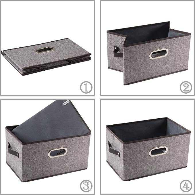 PRANDOM Large Collapsible Storage Baskets for Closet [5-pack] Decorative Fabric Storage Bins Cubes with Leather/Metal Handles for Shelves Bedroom Living Room Grey (14.9x9.8x8.3 Inch) - Image 5