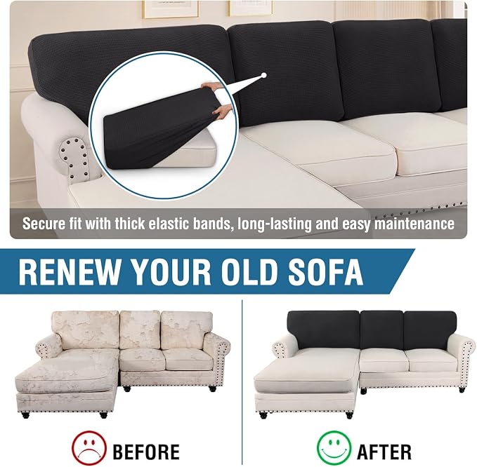 H.VERSAILTEX Backrest Cushion Covers Sectional Couch Back Cushion Covers for Sectional Sofa Set for Both Left/Right Couch (Back Only: 1 Chaise + 2 Sofa, Black) - Image 5