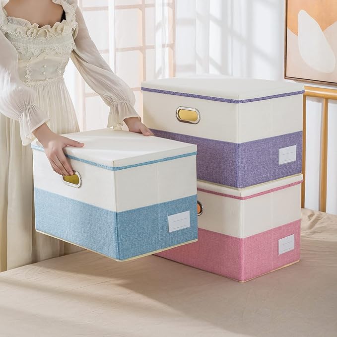 PRANDOM Collapsible Storage Bin with Lid [3-Pack] Fabric Foldable Storage Box Organizer Container Basket Cube with Cover for Home Bedroom Closet Office Nursery Pink&Cream(14.9x9.8x9.8) - Image 7