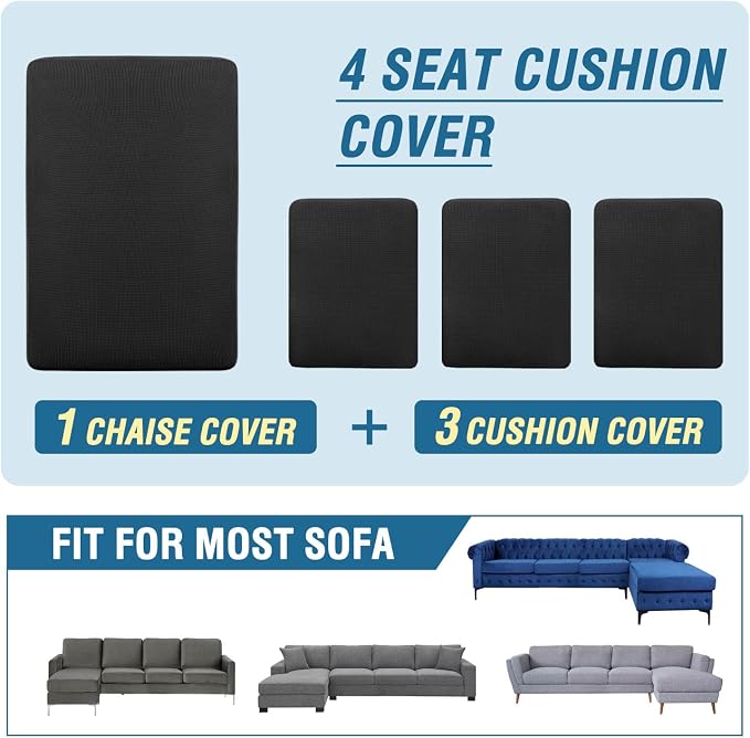 H.VERSAILTEX Sectional Couch Covers 4 Pieces Sofa Seat Cushion Covers L Shape Separate Cushion Couch Chaise Cover for Both Left/Right Sectional Couch (Seat Only: 1 Chaise + 3 Sofa, Black) - Image 8