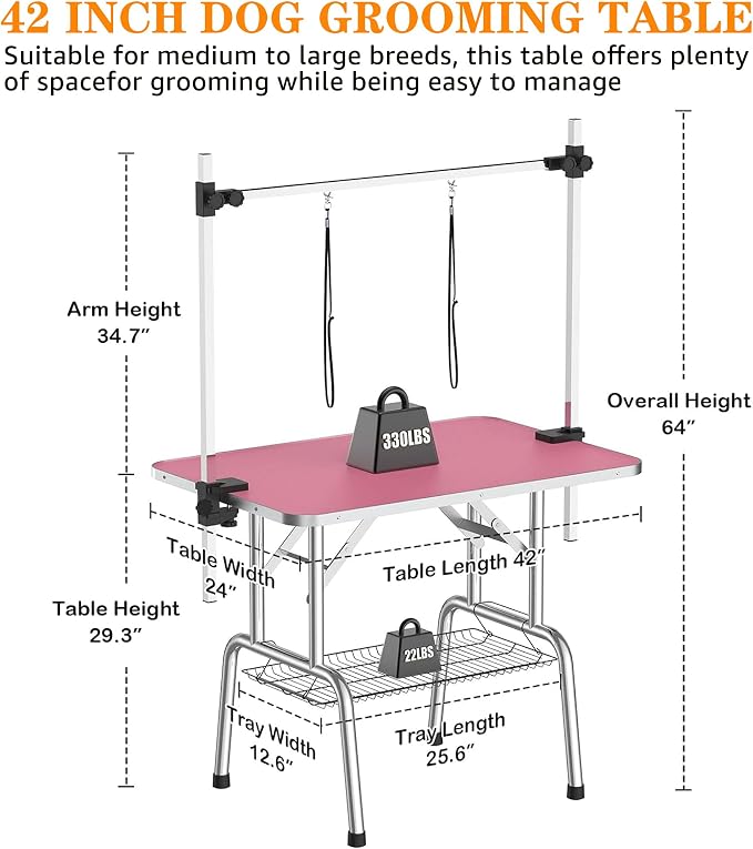 Professional Dog Pet Grooming Table Adjustable Heavy Duty Portable w/Arm & Noose & Mesh Tray (Pink, 42") - Image 5