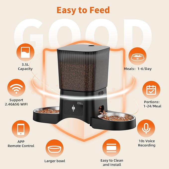 HoneyGuaridan Automatic Cat Feeder for 2 Cats,3.5L Dual Cat Food Dispenser, 2.4G/5G WiFi APP Control for Multiple Cats,2 Stainless Steel Bowls & 2 Slow Feeder Anti-Choking Bowls, Dual Power - Image 6