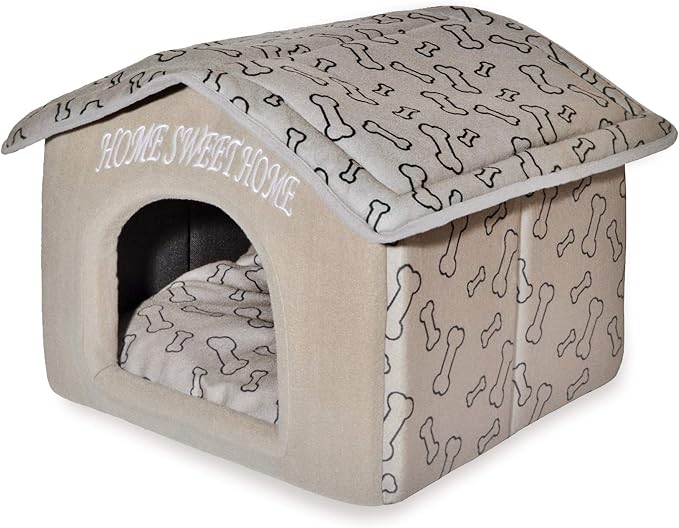 Best Pet Supplies Cat Bed for Indoor Cat, Domed Tent House with Removable Pillow, Covered Cat Cave for Small Dog, Puppies and All Breeds of Cats - Light Brown w/ Bones, 16 x 16 x H:14" by BestPetSuppliesLLC