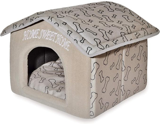 Best Pet Supplies Cat Bed for Indoor Cat, Domed Tent House with Removable Pillow, Covered Cat Cave for Small Dog, Puppies and All Breeds of Cats - Light Brown w/ Bones, 16 x 16 x H:14" by BestPetSuppliesLLC
