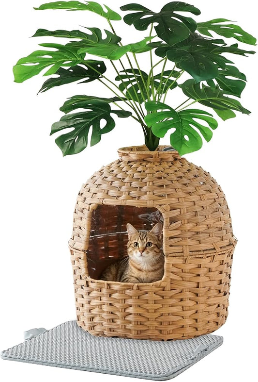 SETVSON Cat Litter Box Enclosure Plant, PE Rattan Kitty House, Natural | Decorative Planter Design, Waterproof Inner PVC Liner, Includes Artificial Plants, Real Stones, Litter Mat, 20x20 Inches by SETVSON