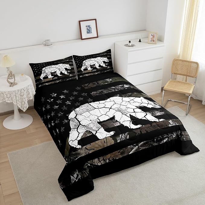 Manfei Wild Bear Down Comforter Set King Size,Wildlife Animal Camo Rustic Style Duvet/Quilt Set Soft Bed Collection Black Stripes Branch American Flag Bedding Comforter for Boys Girls Bedroom,3 Pcs - Image 3