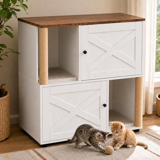 Garvee Double Layer Cat Litter Box Furniture, 2 in 1 Hidden Litter Box Furniture with Scratching Post and Litter Mats, Wooden Corner Cabinet Cat Washroom Bed by Garvee