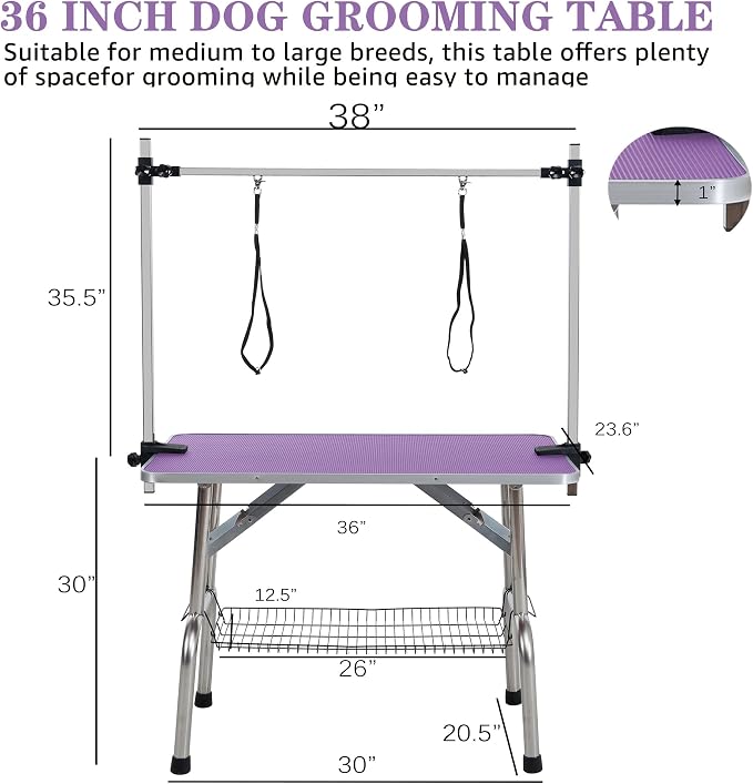 Professional Dog Pet Grooming Table Adjustable Heavy Duty Portable w/Arm & Noose & Mesh Tray (Purple, 36") - Image 5