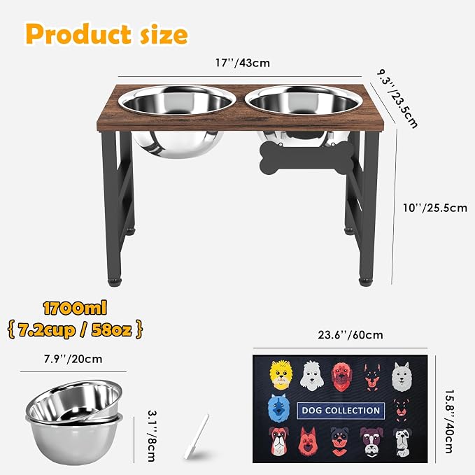 10" Tall Elevated Dog Bowls, Wooden & Metal Raised Dog Bowl Stand with 2 Stainless Steel Bowls-1700ml Capacity & Non-Slip Mat, Easy-Clean for Indoor/Outdoor Use - Image 3