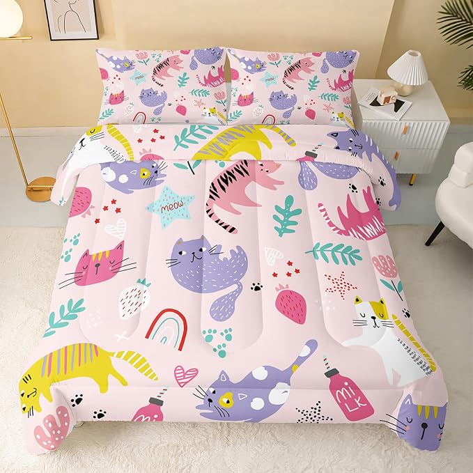 QOOMO Kawaii Cats Comforter King Size,Pink Cats Kids Comforter Set,3Pcs Bedding Set Printed Comforter with 2 Pillowcases,Down Alternative,Soft and Lightweight,for All Seasons - Image 2