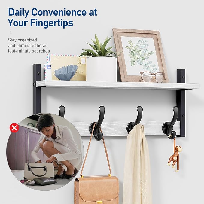 Tatub 20" Rustic Coat Rack Wall Mount with Shelf, Wall Hooks with Shelf, Heavy Duty Entryway Organizer Hangers for Hanging, Hat, Bag, Jacket for Bathroom, Living Room, Bedroom, White - Image 4
