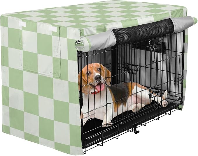 Dog Crate Cover Kennel Cover for Dog Cages Breathable for Wire Cage Indoor Outdoor Checkered Mint Green and White - Image 2