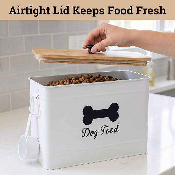 Metal Dog Food Container 15-20 lbs w/ Airtight Bamboo Lid, 70 Cup Capacity | Pet Jar For Dogs up to 100lbs, Airtight Bamboo Lid, Sturdy Comfortable Metal Handle, Powder Coated Iron, Kibble Storage Bin - Image 4