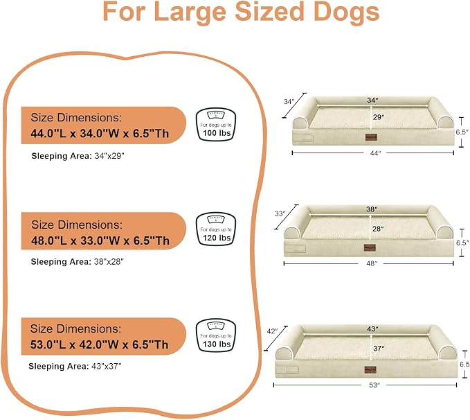 NANUYA Orthopedic Dog Bed for Jumbo Dogs, 53 x 42 Inch, Beige | Egg crate foam for joint support, 3-sided bolster pet sofa, waterproof lining, washable cover, and non-skid base - Image 6