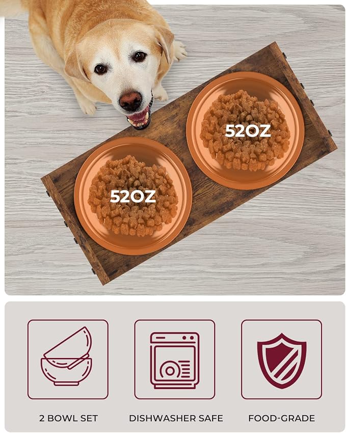 Vantic Elevated Dog Bowls, Adjustable Bowl Stand Large/XLarge, Rustic Brown | Particle Board Raised Dog Bowl Stand with 2 Stainless Steel Bowls for Large and Extra-Large Dogs - Image 4