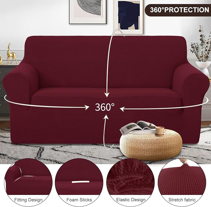 U-NICE HOME Loveseat Cover Stretch Couch Cover Sofa Slipcover, Burgundy | 2 Cushion Sofa, 1-Piece Sofa cover, Washable, Pet friendly, Furniture protector, Polyester Spandex Jacquard fabric - Image 3