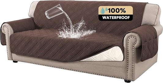PrinceDeco 100% Waterproof Couch Cover for 3 Cushion Couch Sofa Pet Friendly Non-Slip Couch Cover for Dogs Washable Water Resistant Furniture Protector with Elastic Straps(Sofa 68", Brown) by PrinceDeco