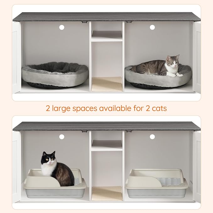 HOOBRO Double Litter Box Enclosure, Modern Cat Litter Box Furniture with Storage and Mat Design, Farmhouse Hidden Litter Box Enclosure with 2 Hooks, White and Charcoal Gray BW23MW01 - Image 5