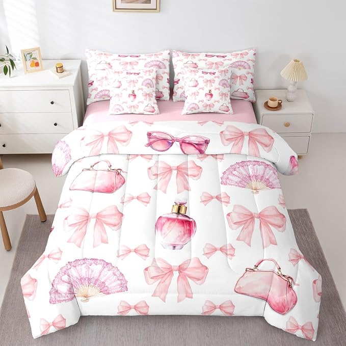 Erosebridal 7 Pcs Bowknot Girls Kids Comforter Set King Bed in a Bag,Girly Makeup Theme Bedding Set,Dreamy Princess Style Sheet Set,Perfume Beauty Duvet Insert,Valentine Bow Quilt for Girlfriend by Erosebridal