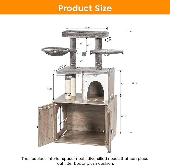 Snughome Cat Litter Box Enclosure with Tree Tower and Condo, Hidden Washroom Furniture with Sisal Scratching Post and Soft Plush Perch, Wooden Cat Furniture with Multiple Platforms, Grey - Image 7