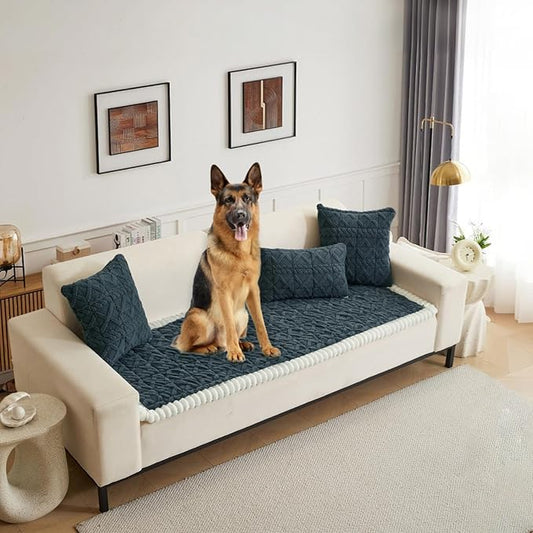 HANDONTIME Pet Couch Cover Jacquard Geometric Sofa Cover Faux Fur Plush Couch Covers for Pets Washable Durable Sofa Protector for 3 Cushion Non-Slip Furniture Cover (Stormy Blue, 27.6" x 70.9") by HANDONTIME